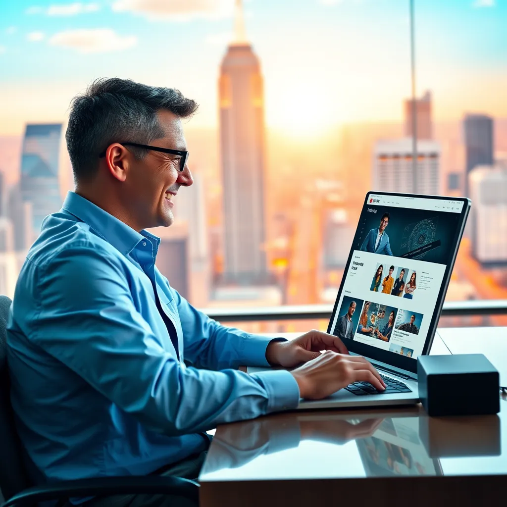 A businessperson sitting at a desk with a laptop open, displaying a website with a high volume of traffic. The background is a bright and colorful cityscape, symbolizing a thriving online presence. The businessperson is smiling and looking at the laptop screen, indicating success and positive results.