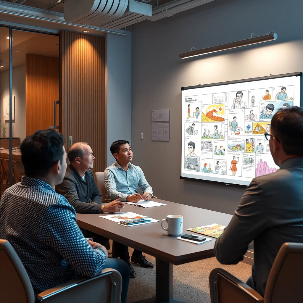 A client meeting room where a designer is presenting a storyboard for a promotional video to a group of clients.  The storyboard is filled with colorful sketches depicting key scenes and characters.  The clients are actively engaged in the discussion, giving feedback and sharing ideas.