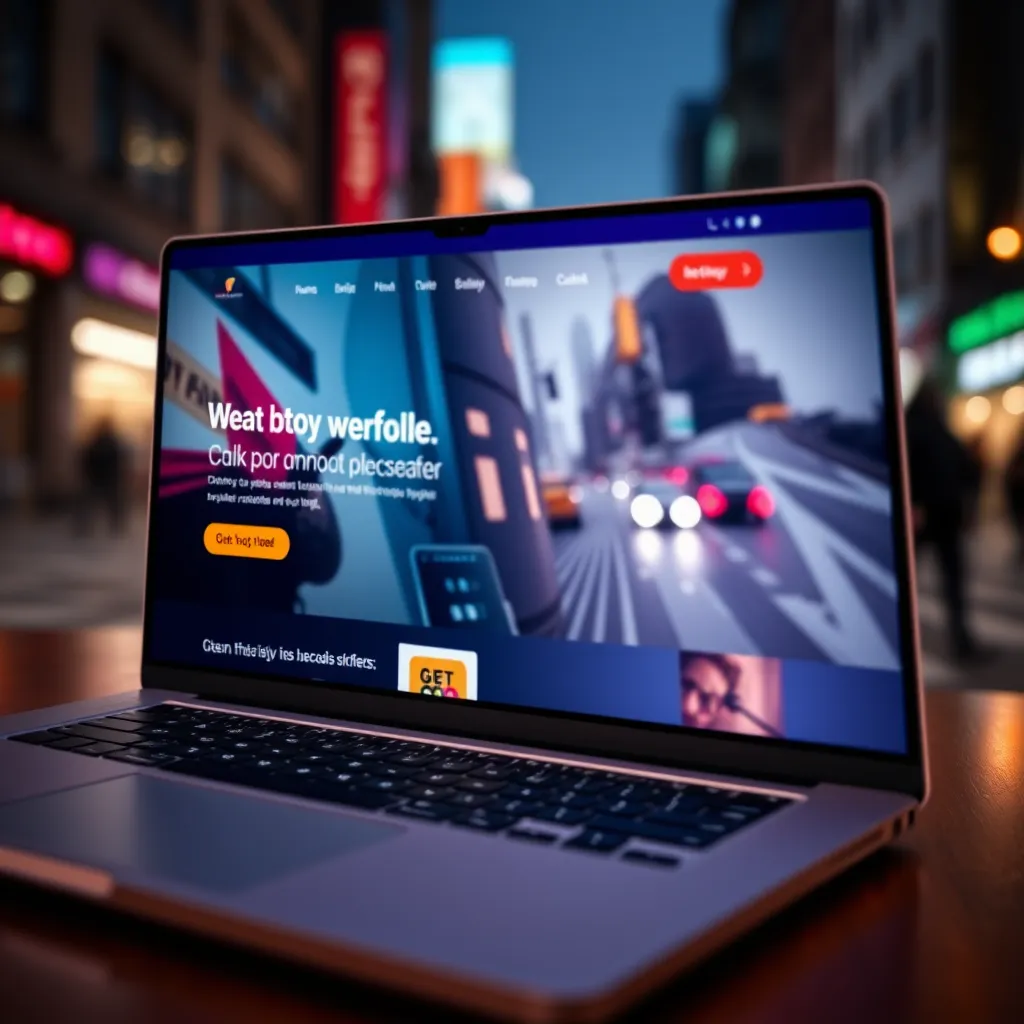 A close-up shot of a laptop screen displaying a sleek and modern website design with vibrant colors and eye-catching visuals. The website features a clear call to action button and a minimalist design with easy navigation. The background is a blurred image of a bustling city street, conveying dynamism and energy.