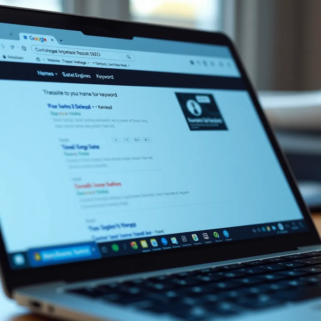 A close-up shot of a laptop screen displaying a website with search engine results pages (SERPs) showing the website ranked highly for relevant keywords. The image should emphasize the website's design and user experience, highlighting elements like clear calls-to-action and high-quality images. The overall tone should be positive and encouraging, showcasing the success of SEO optimization.