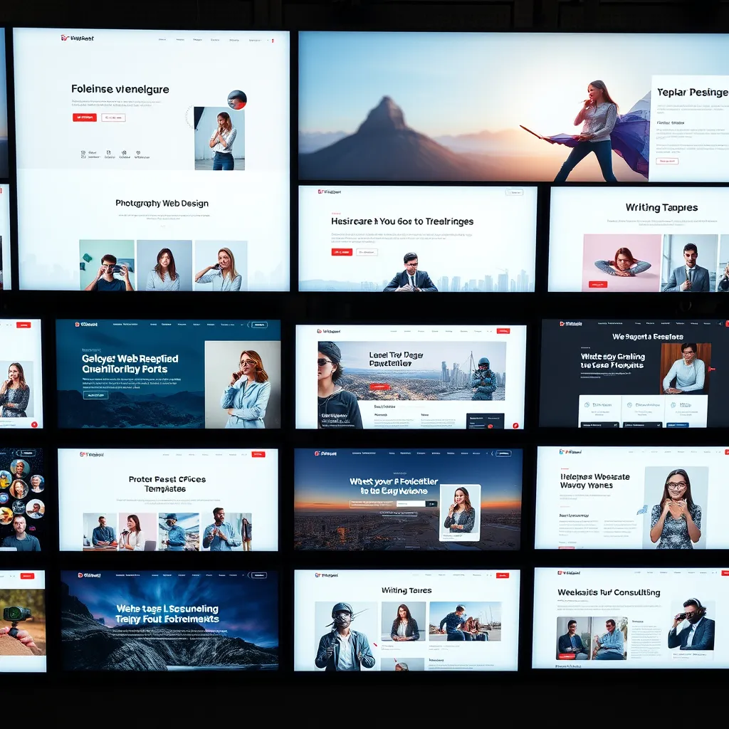 A collection of diverse website templates displayed on a screen, showcasing different freelancer niches like photography, web design, writing, and consulting. Each template should have a clean, modern look with high-quality images and engaging content.