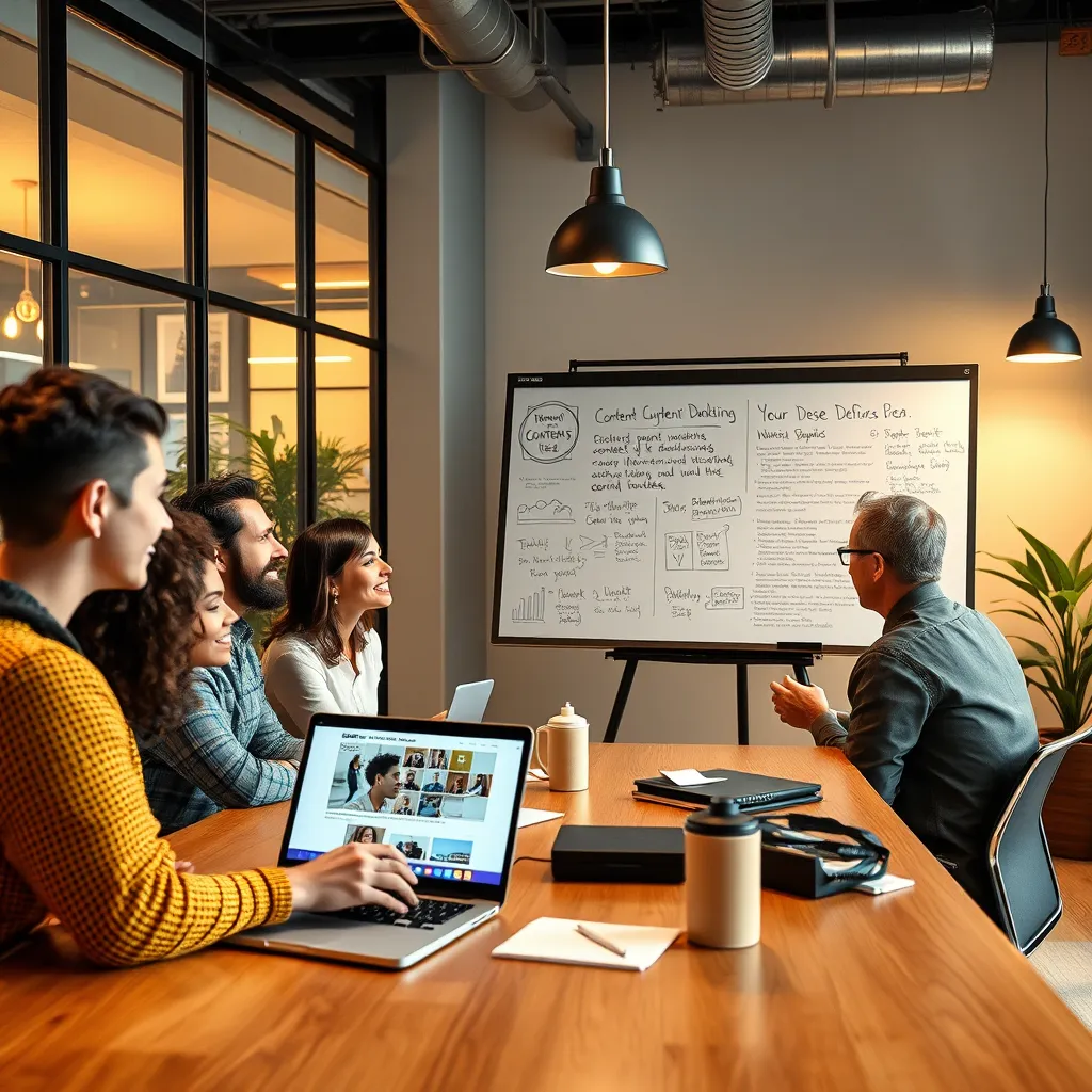 A creative brainstorming session taking place in a stylish and modern office setting. The team should be discussing ideas for a content marketing campaign, with visuals like a whiteboard covered in notes and a laptop displaying a website mockup. The image should capture a sense of innovation and collaboration.
