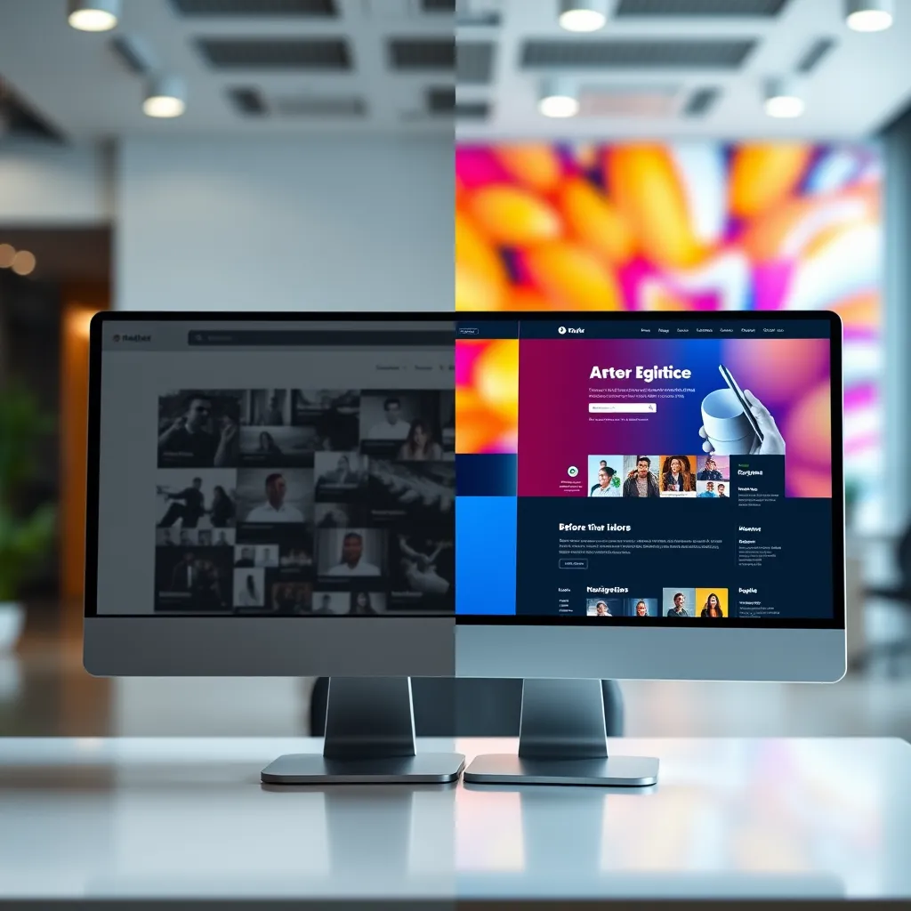 A dynamic, high-contrast image showcasing a before-and-after website transformation. On the left, a dull, outdated website with pixelated images and cluttered layout. On the right, a sleek, modern website with high-quality visuals, intuitive navigation, and a clear call to action. The scene is set in a modern office with soft, diffused lighting, emphasizing the contrast between the two websites. The background is a blur of vibrant, energetic colors symbolizing the potential of a new website. Capture the image in a close-up perspective, focusing on the website interface and user experience. Style reference: 'Clean and modern UI design' for a professional, user-friendly aesthetic. Technical specifications: 8K resolution, hyperrealistic, ultra-detailed.