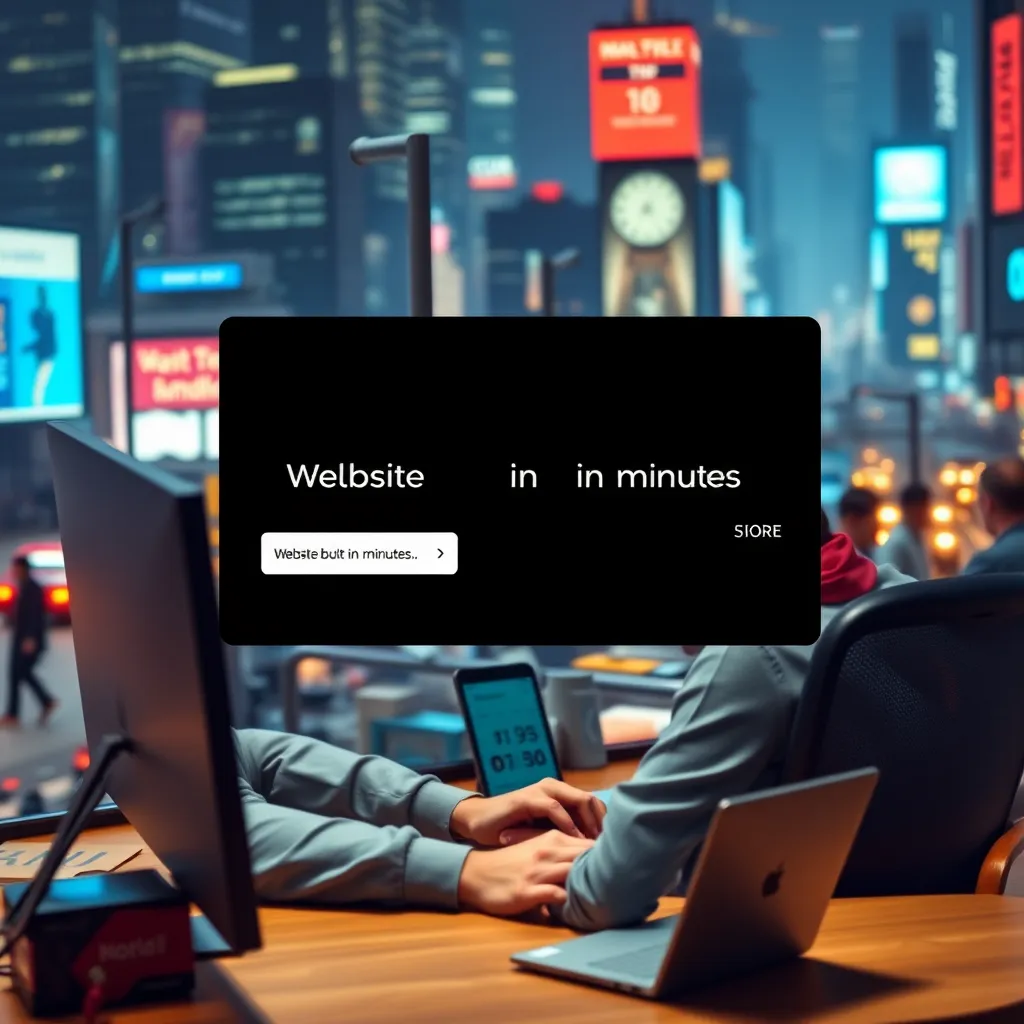 A freelancer working on their computer, with a timer showing a short duration next to a notification saying 'Website built in minutes.' The background should be a bustling city scene with freelancers working remotely in various locations.