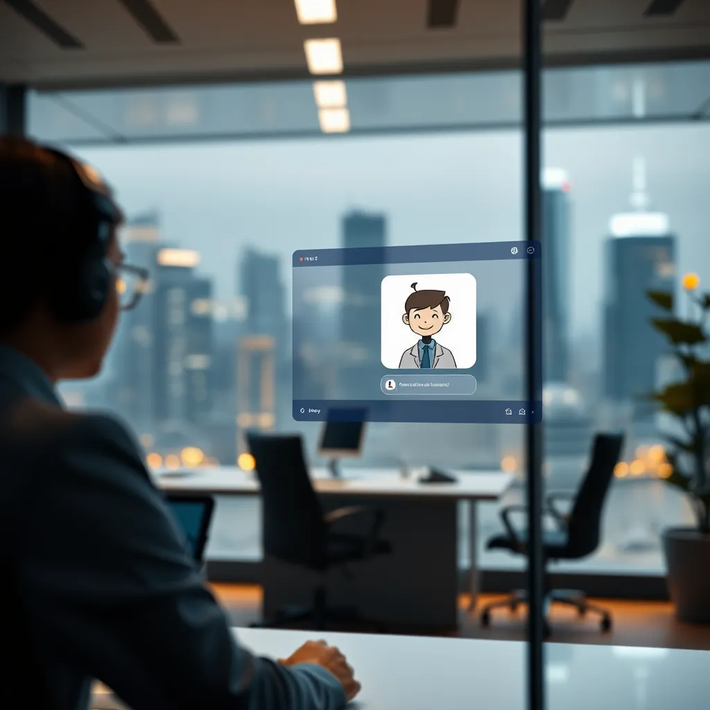 A futuristic office scene with a sleek, modern AI chat-bot interface seamlessly integrated into a website. The chat-bot window features a friendly, animated chatbot avatar, engaging in a conversation with a user. The scene is bathed in soft, warm lighting, creating a welcoming and approachable atmosphere. The background features a blurred cityscape at night, highlighting the global reach of AI technology. The camera angle is a close-up on the chat-bot interface, capturing the user's interaction with the AI assistant. Style reference: 'Minimalist UI design' for a clean and professional aesthetic. Technical specifications: 8K resolution, hyperrealistic, ultra-detailed.