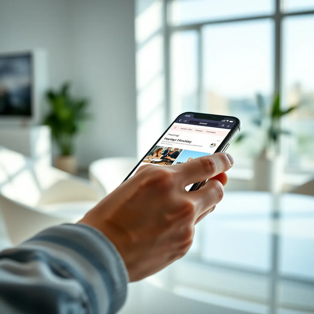 A hand scrolling through a website on a mobile phone, showcasing a visually appealing and well-organized layout with clear headings, images, and interactive elements. The phone is placed on a table in a bright and airy room, suggesting a pleasant and engaging user experience.