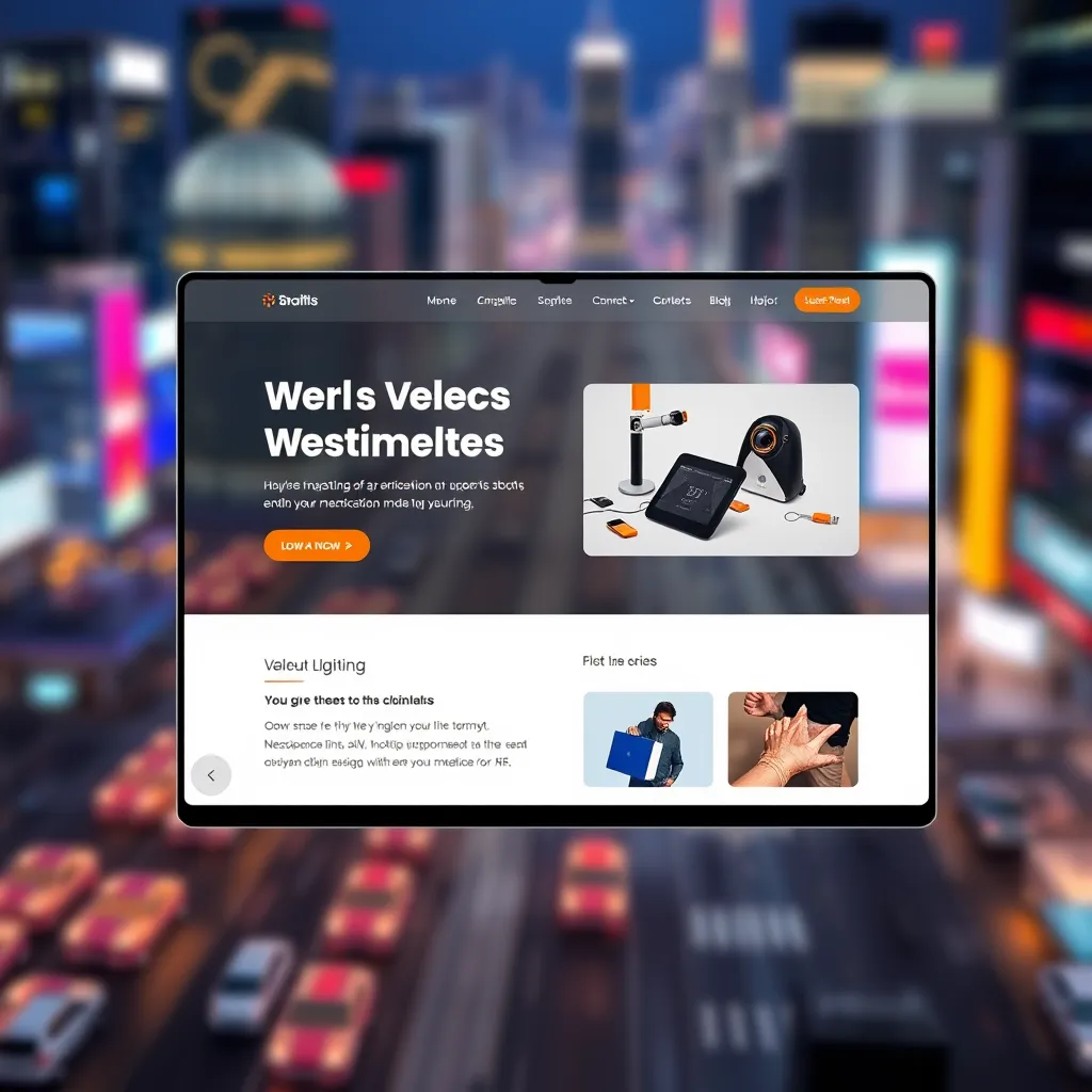 A modern, sleek website design with a clean layout, vibrant colors, and engaging visuals. The website is showcasing a product or service in a professional and inviting way, with clear calls to action. The background is a blurred image of a bustling city at night, symbolizing a dynamic and exciting online presence.