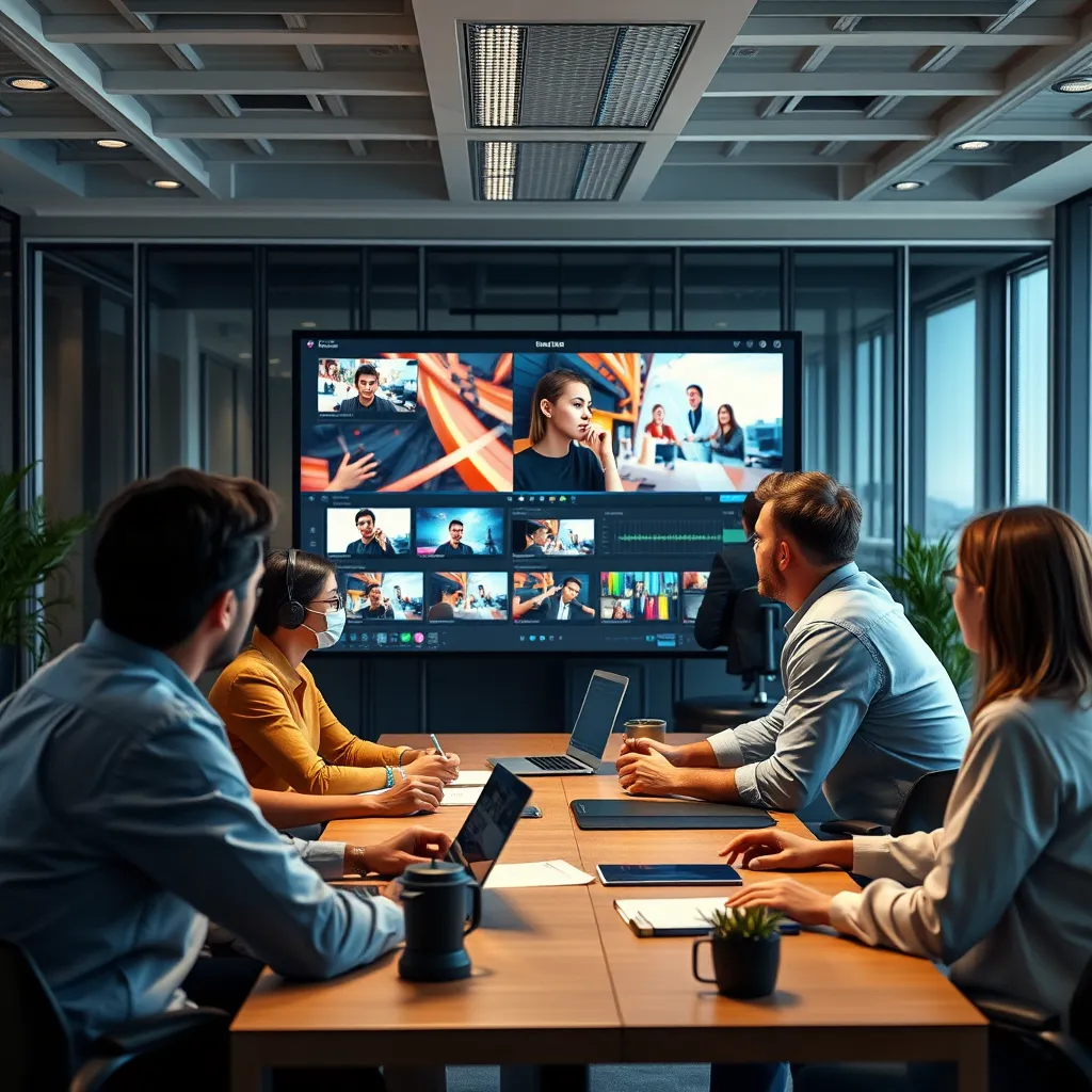 A modern office with a team of creative professionals collaborating on a video editing project.  The screen displays a dynamic, engaging video with high-quality graphics and animations.  The overall atmosphere is one of teamwork and creativity.