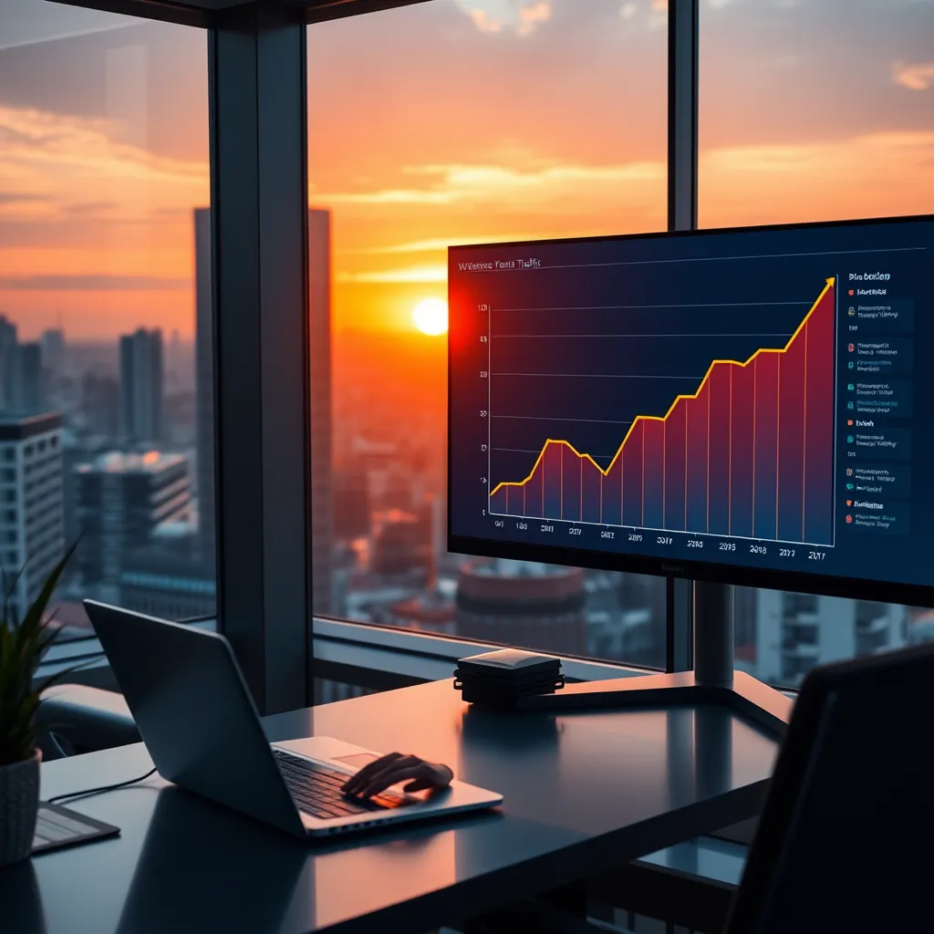 A person working on a laptop in a modern office, with a large monitor displaying a graph showing a significant increase in website traffic. The background features a cityscape with the sun setting behind the buildings, symbolizing growth and progress.