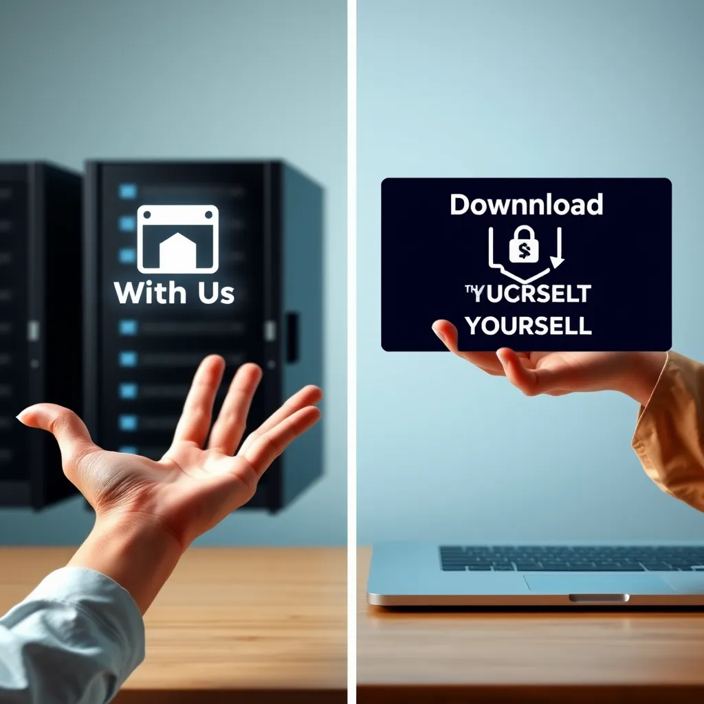 A split screen image with a clear dividing line. On the left side, a hand holding a website icon hovering above a server, representing 'Host With Us'. On the right side, a hand holding a website icon hovering over a laptop, representing 'Download & Host Yourself'. Both sides have a clean, modern design, highlighting the choice between hosting options.