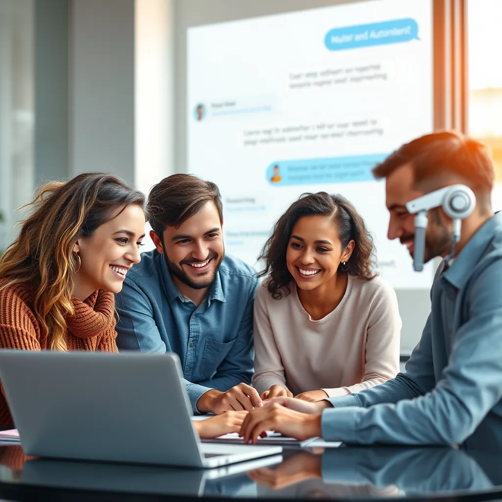 A team of people working collaboratively on a website project. In the background, an AI chatbot interacts with a customer, providing information and support. The team members have smiles on their faces, showcasing their joy and ease due to the automation.