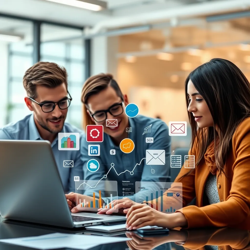 A team of professionals working on a laptop, analyzing data and strategizing digital marketing campaigns. The image should showcase various marketing channels, such as social media, SEO, and email marketing. The background should be a modern office environment, representing the collaborative and data-driven nature of digital marketing.