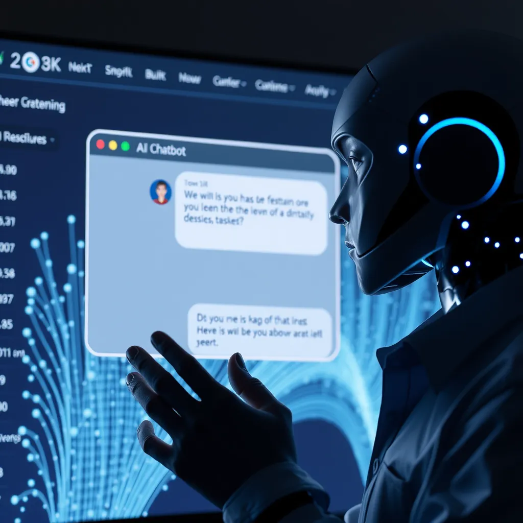 A user interacting with an AI chatbot on a website. The chatbot window displays a conversational interface, with the user asking a question and the chatbot providing a personalized answer. The website background shows a visualization of data points, representing the user's preferences and interactions.