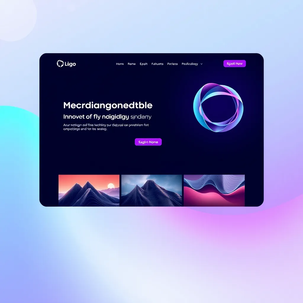 A vibrant website design with a modern and minimalist aesthetic, showcasing a professional logo and captivating imagery. The design should be visually appealing and engaging, highlighting a clear call-to-action button. The background should be a soft gradient of blue and purple, symbolizing innovation and creativity.